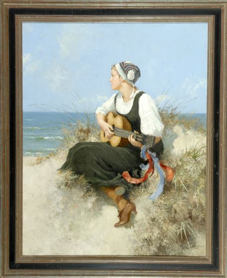 Mädchen mit Gitarre am Strand by Hermann Seeger
