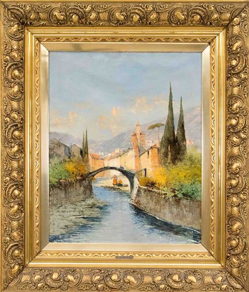 Summer View of an Italian City on the River with Mountains in the Background by L. Ricci