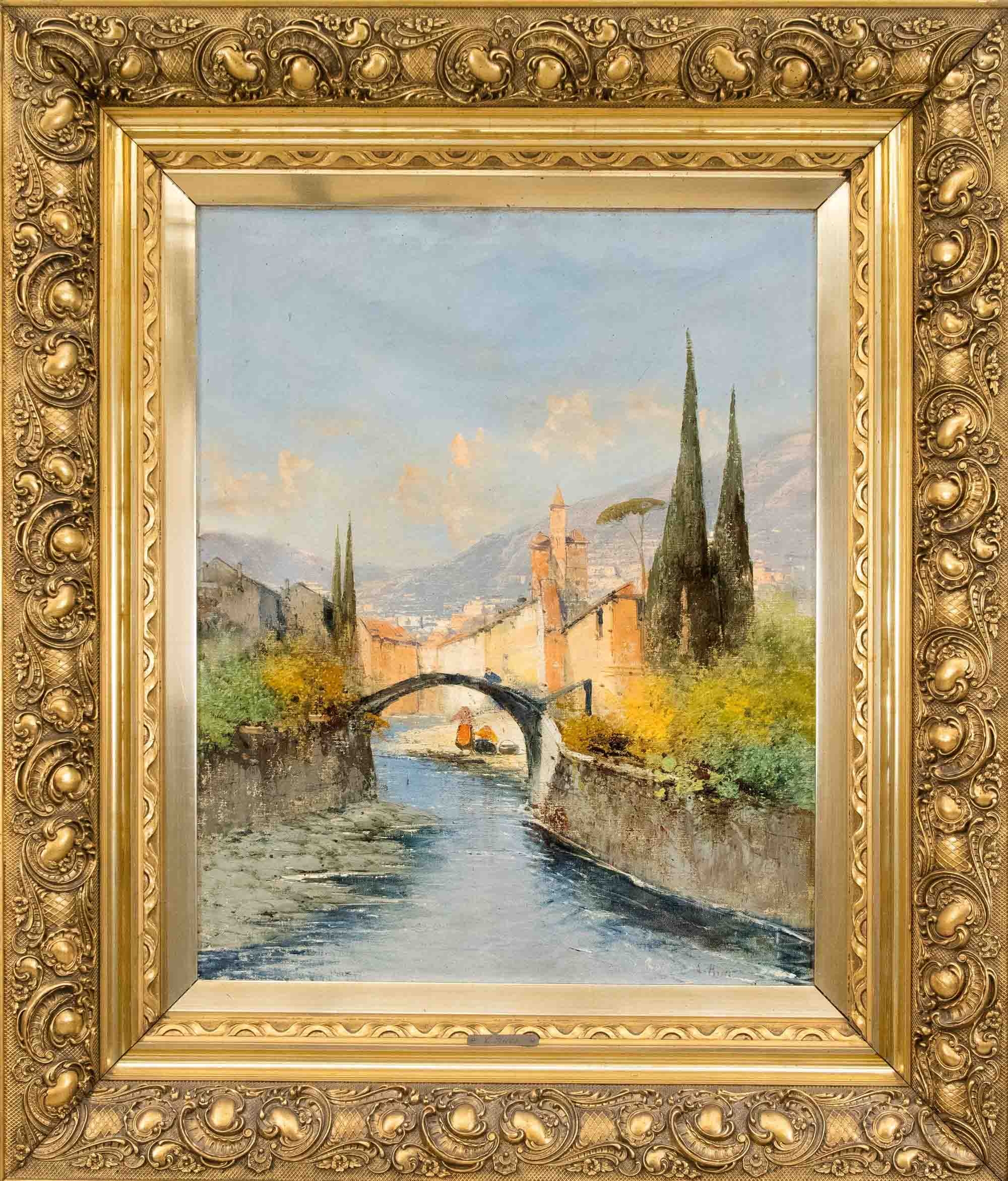 Artwork by L. Ricci, Summer View of an Italian City on the River with Mountains in the Background, Made of Oil on canvas