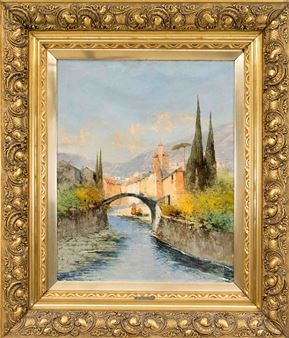 Summer View of an Italian City on the River with Mountains in the Background - L. Ricci