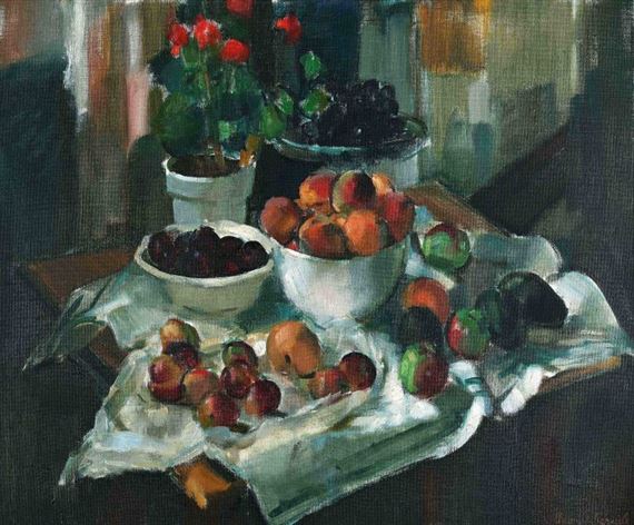Still Life with Geraniums, Peaches, Plums, Grapes and Avocados by Clement Serneels