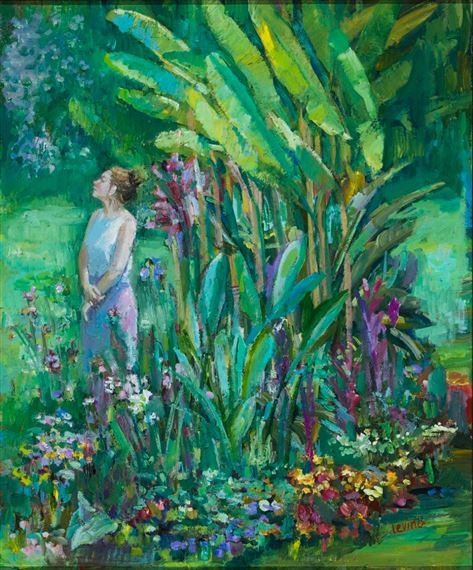 Stehende junge Frau neben Bananenstaude und blühendem Beet by Irina Levina, 2019