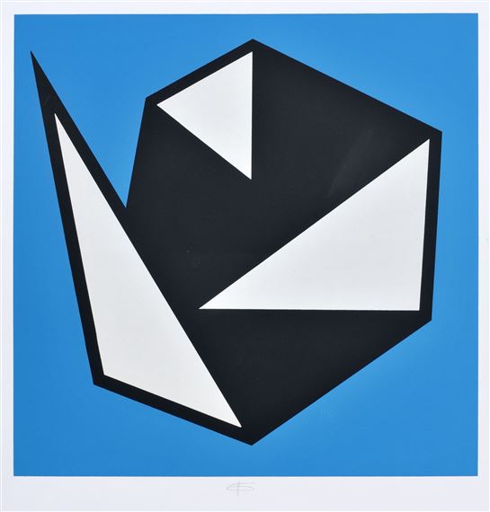 "Drei weiße Dreiecke, Schwarz über Blau (Schwebend)" by Hermann Glöckner, 1982