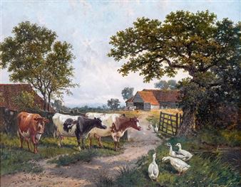 Pastoral scene with cows and geese - Claude L. Clark
