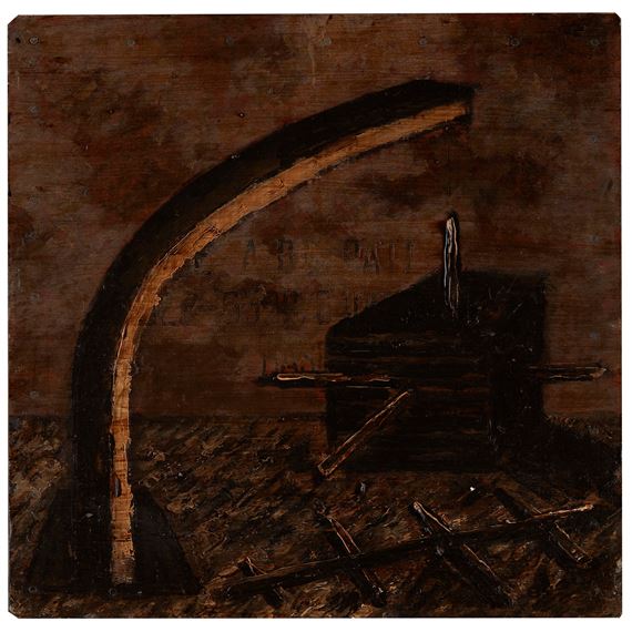 A dark, rustic still life featuring a curved wooden beam and a small box-like structure.