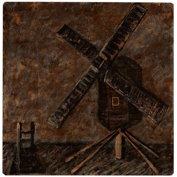 A rustic windmill stands against a textured brown background with a small ladder in the foreground.