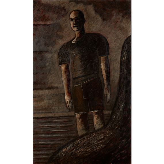 A somber figure stands in a dark, textured landscape with a muted color palette.