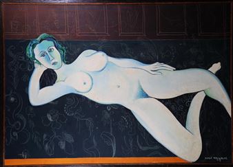 A reclining nude figure with green hair against a dark floral background.