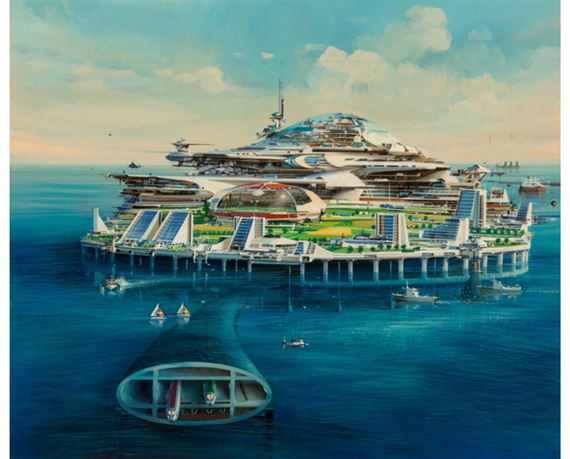 Life on Artificial Islands, Popular Mechanic interior illustration by John Conrad Berkey, August 1984