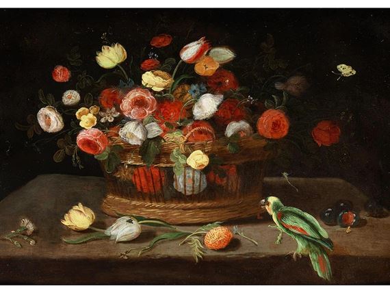 BLUMENKORB MIT KLEINEM PAPAGEI UND FRÜCHTEN by Pseudo Jan van Kessel II