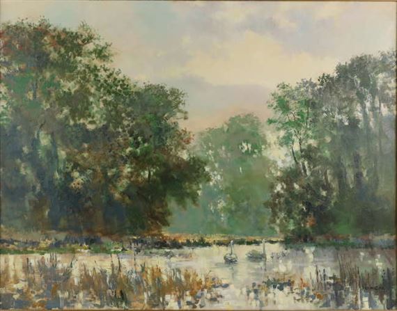 Riverscape with a pair of swans by Charles Neal