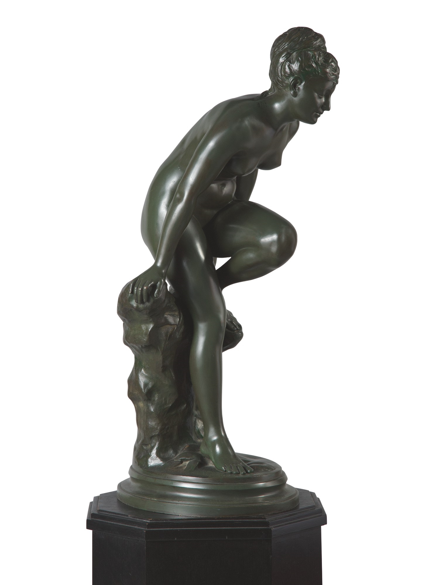 Artwork by Albert Desanfans, YOUNG BATHER RESTING ON A TREE STUMP, Made of marble pedestal 