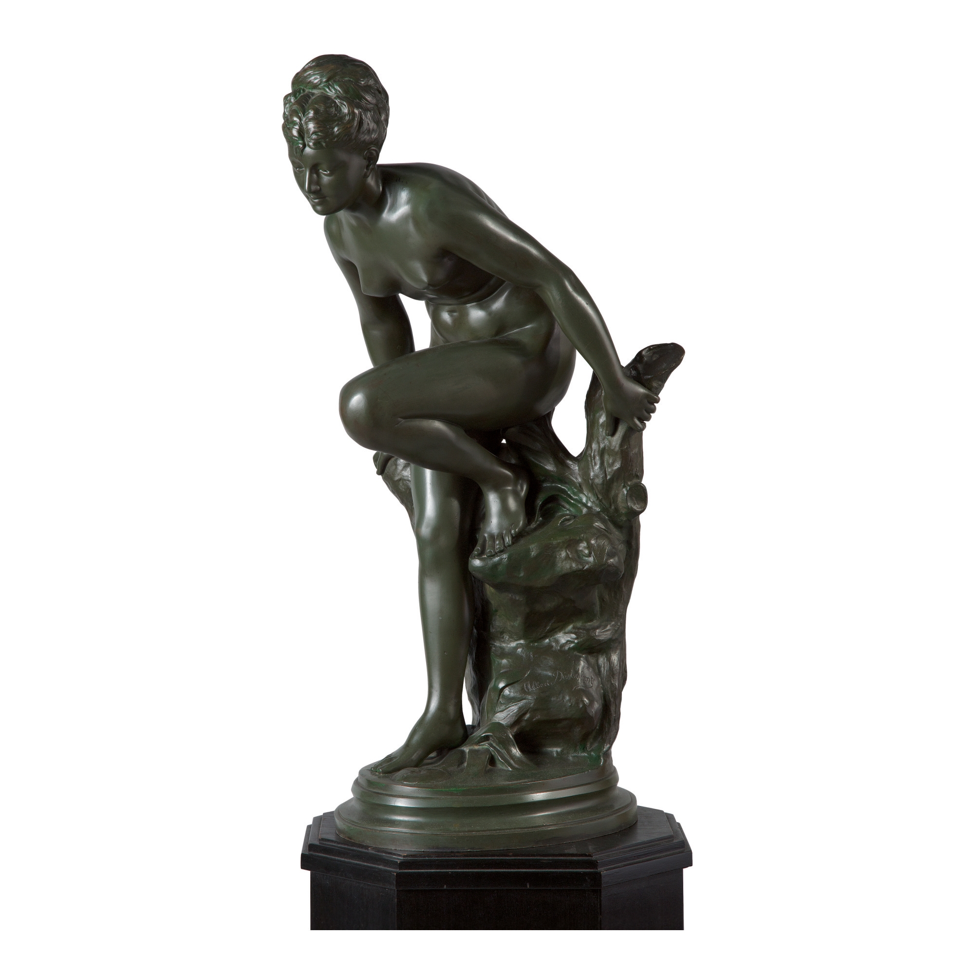 Artwork by Albert Desanfans, YOUNG BATHER RESTING ON A TREE STUMP, Made of marble pedestal 