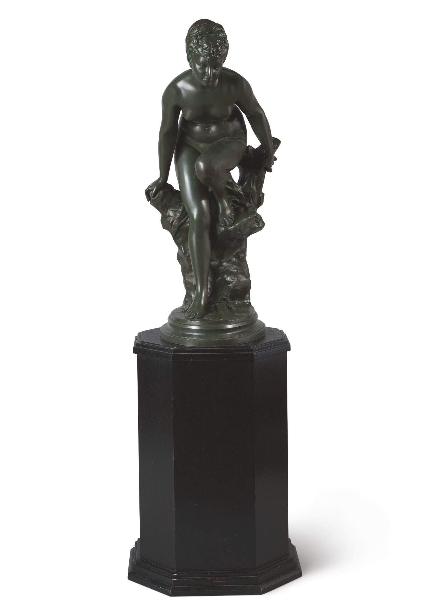 Artwork by Albert Desanfans, YOUNG BATHER RESTING ON A TREE STUMP, Made of marble pedestal 