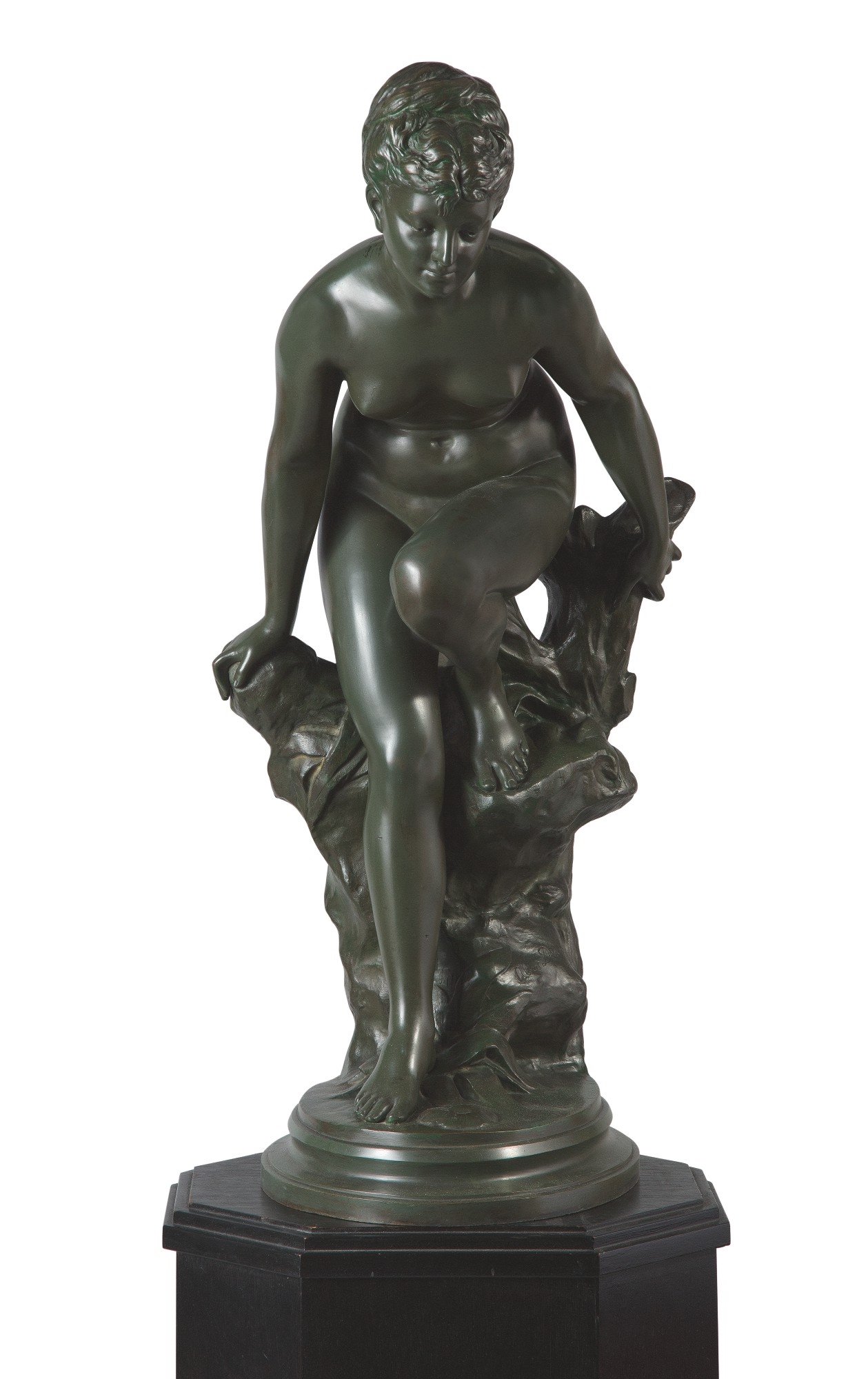 Artwork by Albert Desanfans, YOUNG BATHER RESTING ON A TREE STUMP, Made of marble pedestal 