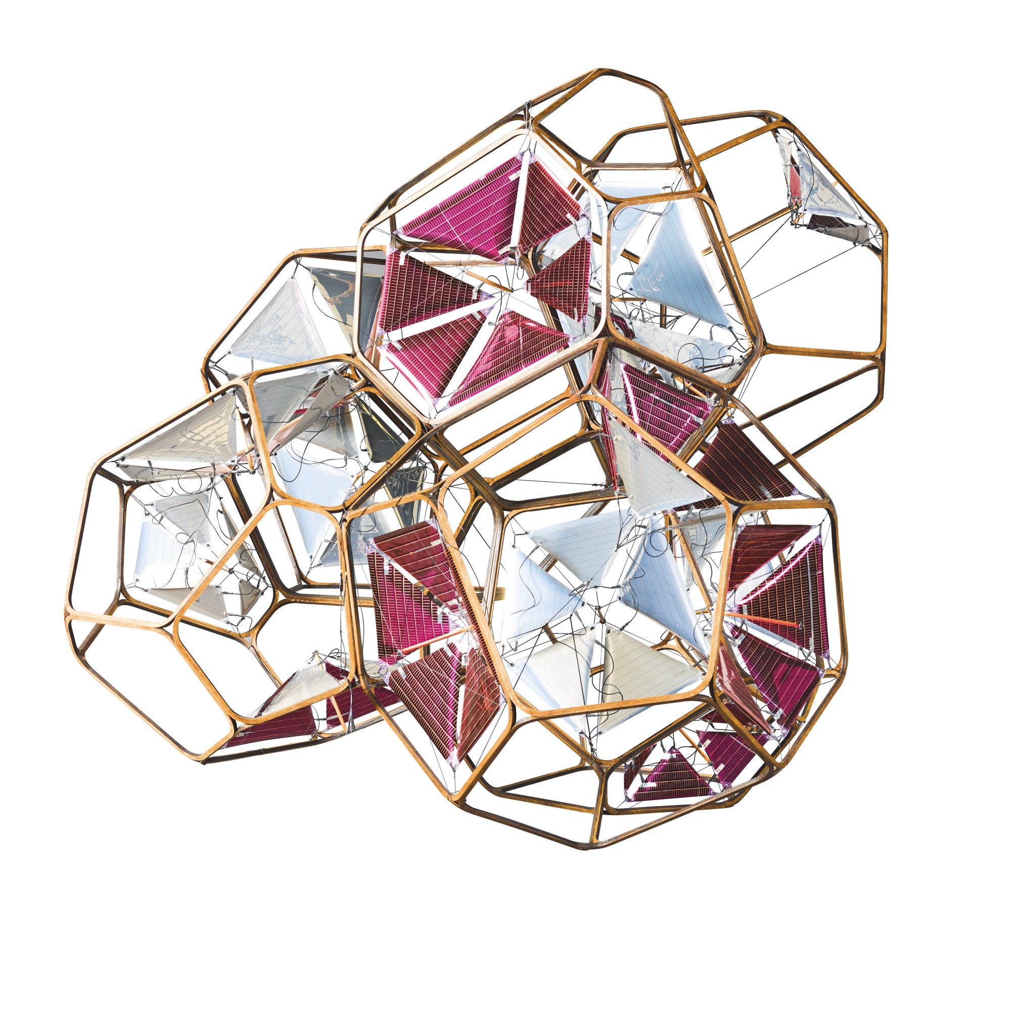 Artwork by Tomas Saraceno, AIRPORT CITY/ CLOUD-CITY/ 6 CLOUD MODULES 60 SOLAR, Made of beech plywood, solar panels, wiring, nylon and polyester rope