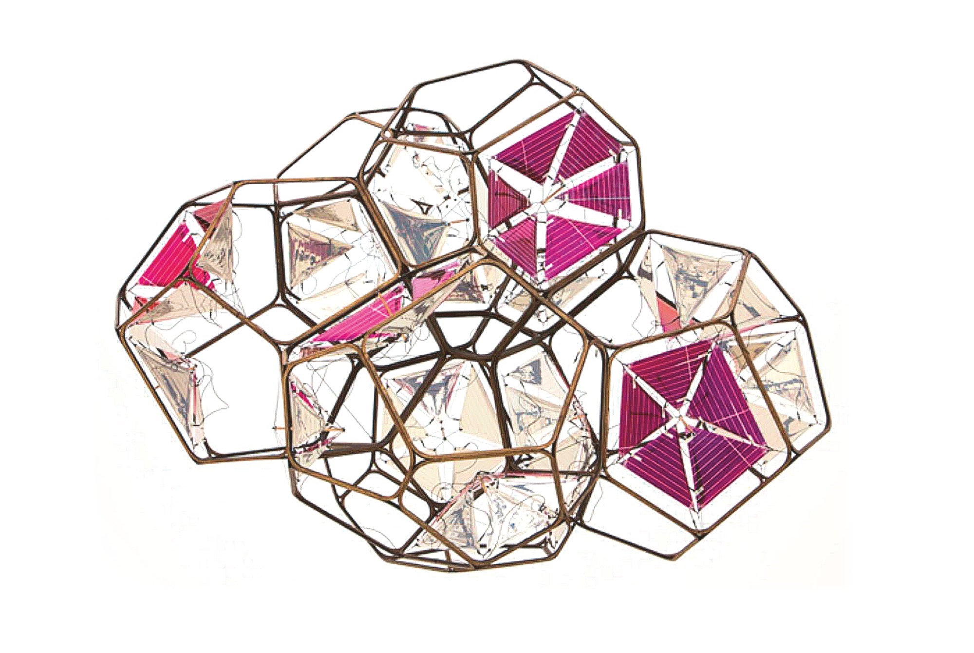 Artwork by Tomas Saraceno, AIRPORT CITY/ CLOUD-CITY/ 6 CLOUD MODULES 60 SOLAR, Made of beech plywood, solar panels, wiring, nylon and polyester rope