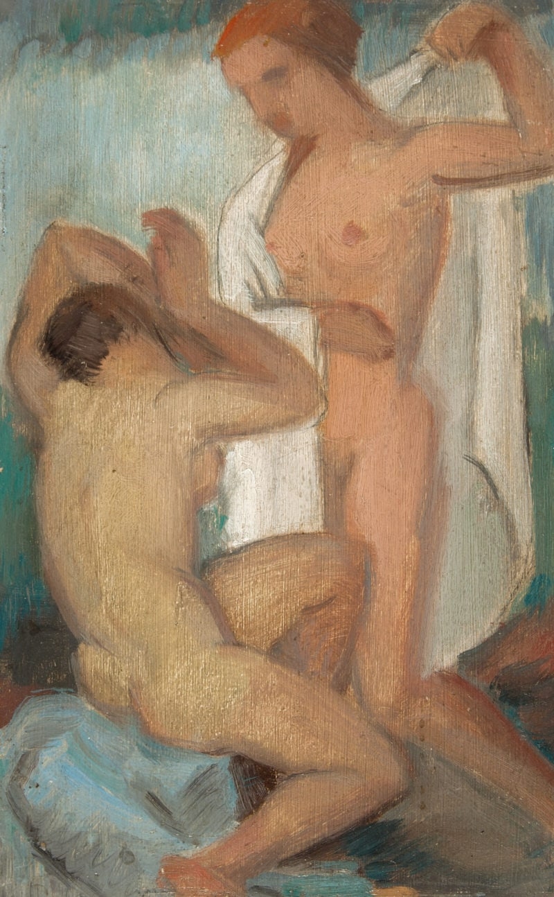 Artwork by Dorothea Maetzel-Johannsen, Zwei Mädchenakte mit Badetüchern I, Made of Oil on wood