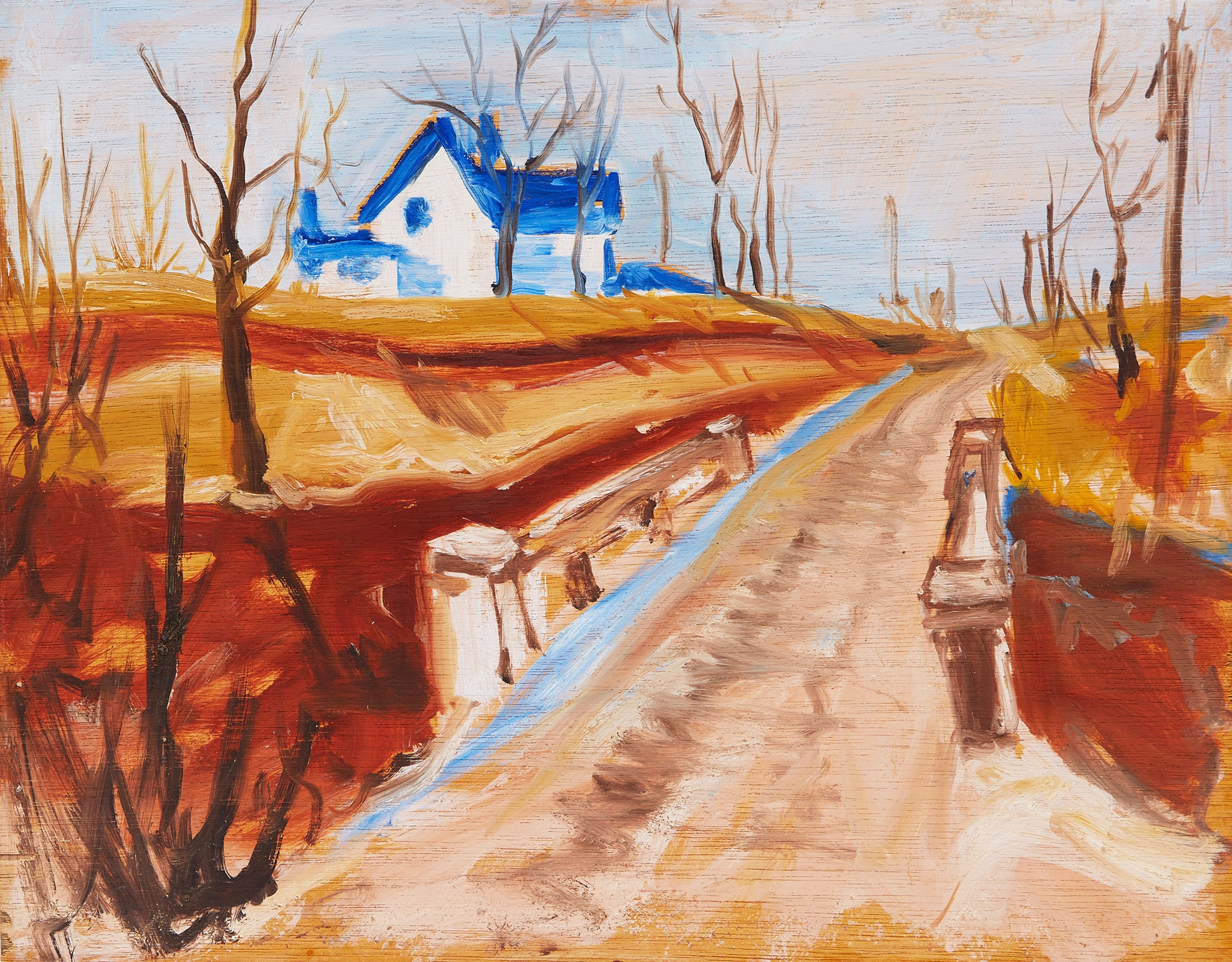 A rustic landscape painting featuring a winding path, bare trees, and a distant house.