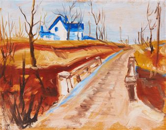 A rustic landscape painting featuring a winding path, bare trees, and a distant house.