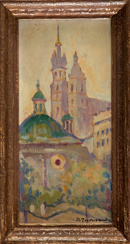 Artwork by Mieczyslaw Bieszczanin, Widok na kościół Mariacki i Kościół św. Wojciecha na Rynku krakowskim, Made of oil/cardboard