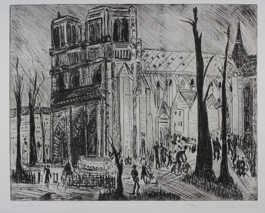 Artwork by Thomas Niederreuther, Two works; Notre Dame; Simon Luc "Chevre", Made of Drypoint etching; Color lithograph