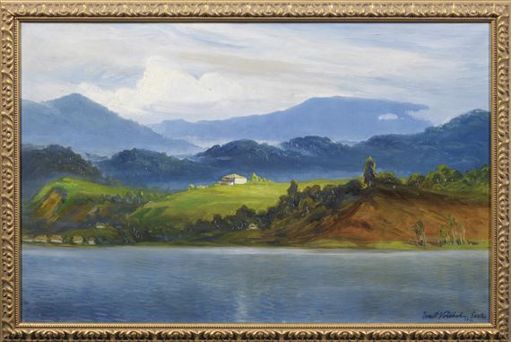 A serene landscape painting featuring a calm lake, rolling green hills, and distant mountains under a cloudy sky.