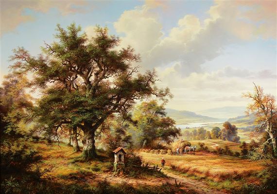 Idealized landscape depiction in the style of the Romantic, fine detailed painting with great variance in the earth and green tones by Heinz Stienen