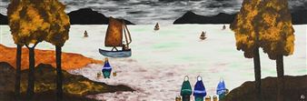 A stylized seascape painting featuring a central sailboat, distant mountains, and figures on the shore.