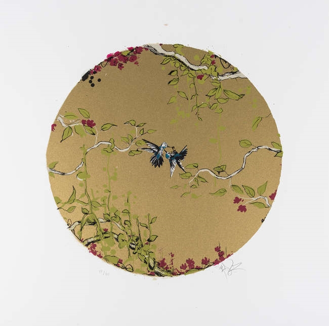 Artwork by Xenz, Going Round in Circles, Made of Screenprint with hand-applied indigo glitter in colours