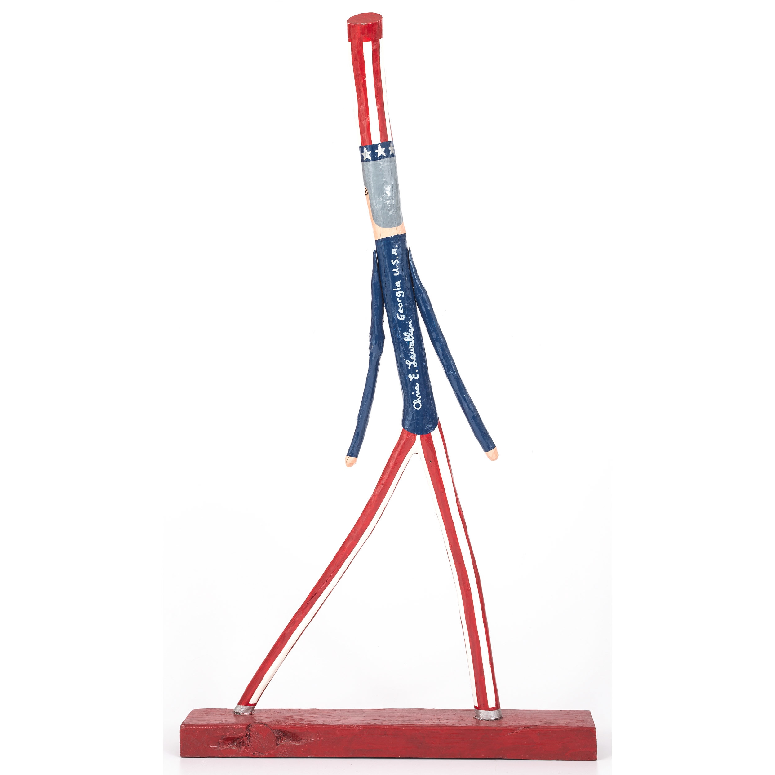 Artwork by Chris Lewallen, Snake Cane, Watermelon ,  Tree Branch Uncle Sam, Made of acrylic on carved wood