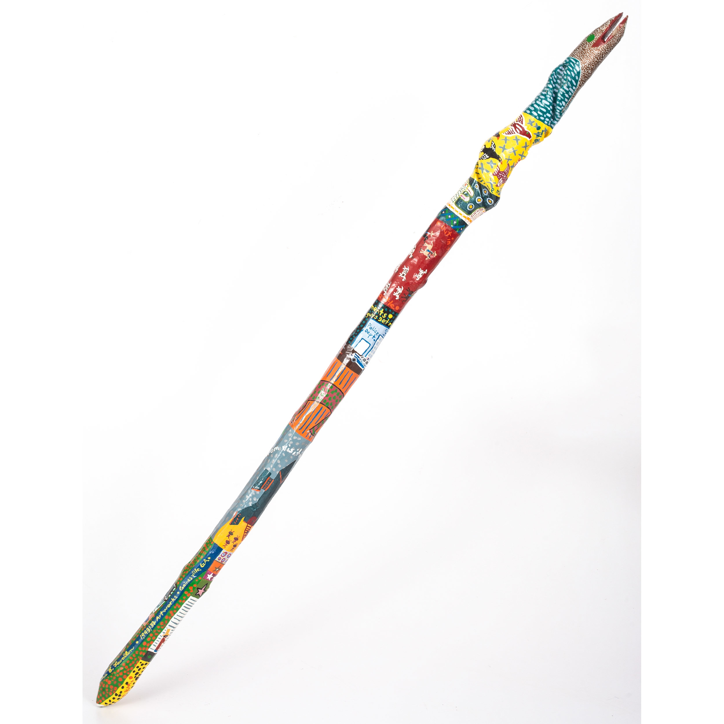 Artwork by Chris Lewallen, Snake Cane, Watermelon ,  Tree Branch Uncle Sam, Made of acrylic on carved wood
