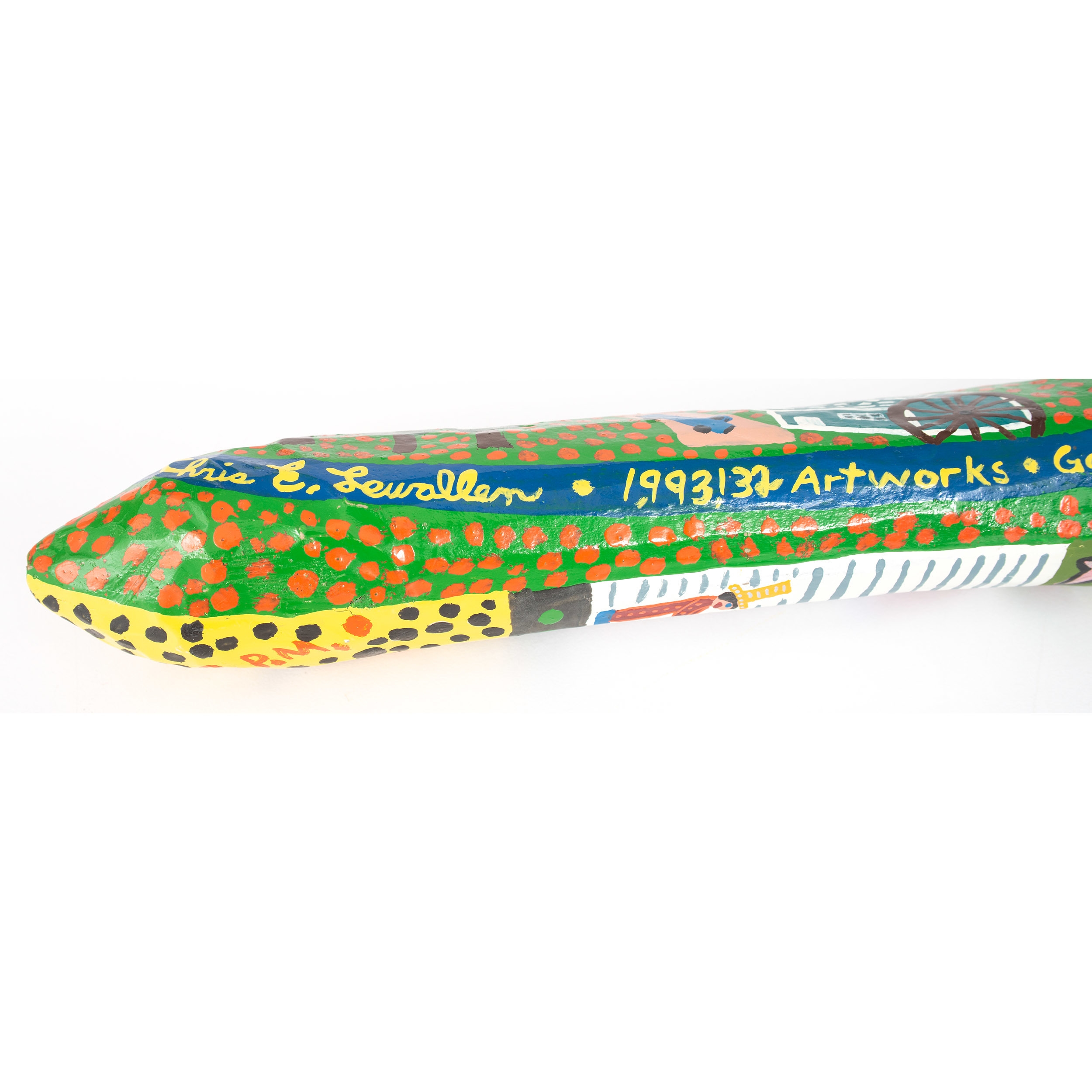 Artwork by Chris Lewallen, Snake Cane, Watermelon ,  Tree Branch Uncle Sam, Made of acrylic on carved wood
