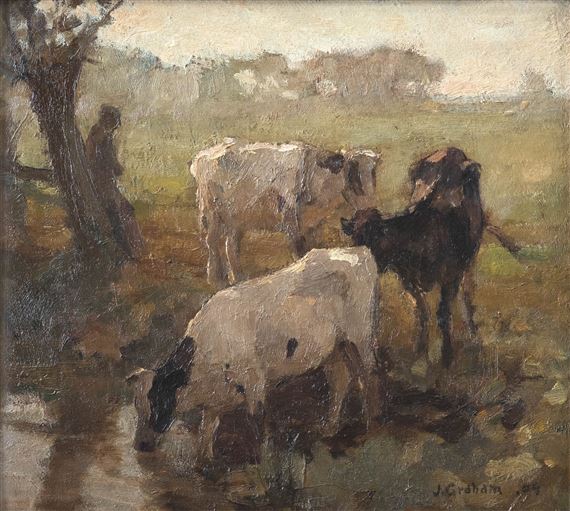 Resting shepherd with cows, 1909 by J. Graham, 1909