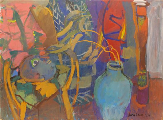 Jean Langlois  Tissus bariolés, masque asiatique et fauteuil en 