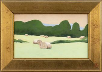 Round Baller, depicting rolled hay bales in a hilly landscape - Alan Mccord