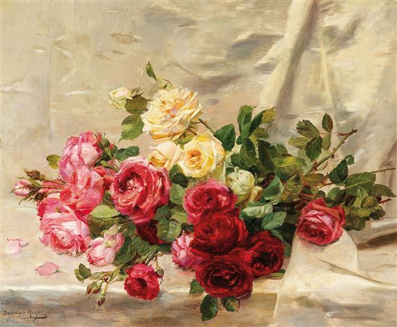 A Bouquet of Roses before a Damask Drape by Dominique Hubert Rozier