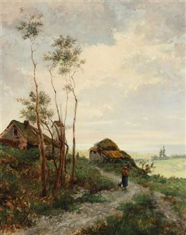 View of a coast with a mill, and people on a path - Alfred Eugene Koechlin