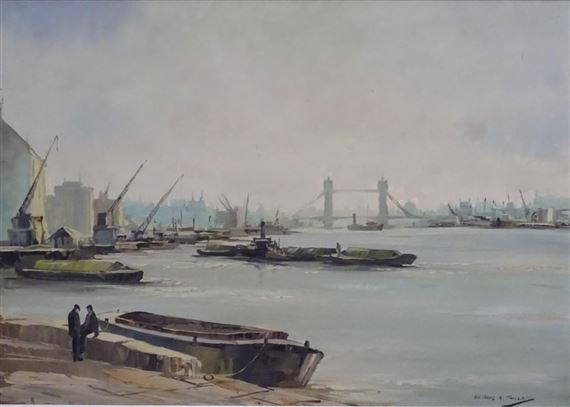 Arthur H Twells The River Thames Showing Boats Barges And Cranes Etc With Tower Bridge Beyond Mutualart