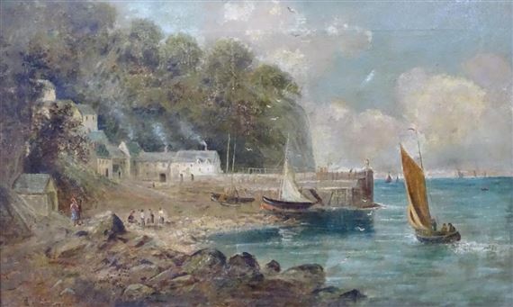 North Devon coastal view with houses overlooking the sea, beach with figures and boats - A. de Swinton Spencer