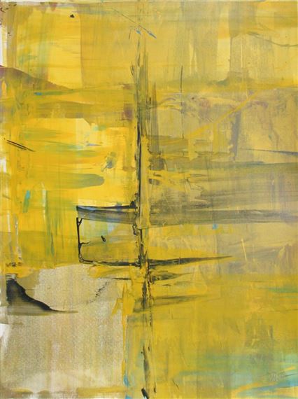 An abstract composition dominated by a warm yellow palette with a central vertical structure.