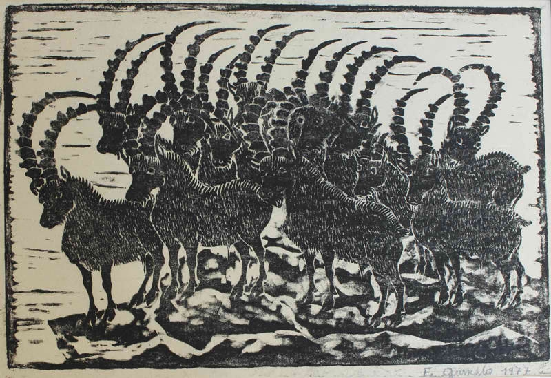 Artwork by Friedrich Gurschler, Steinböcke, Made of woodcut