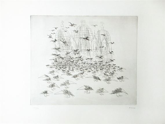 Raben auf dem Markusplatz by Paul Flora, 1961