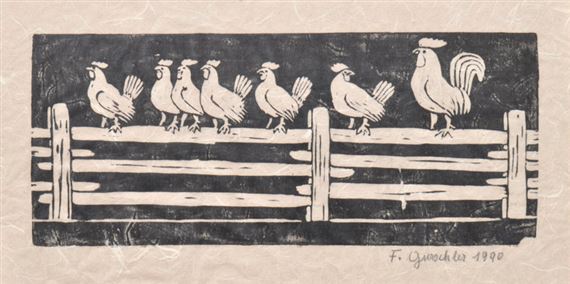 Hühner auf Zaun by Friedrich Gurschler, 1990