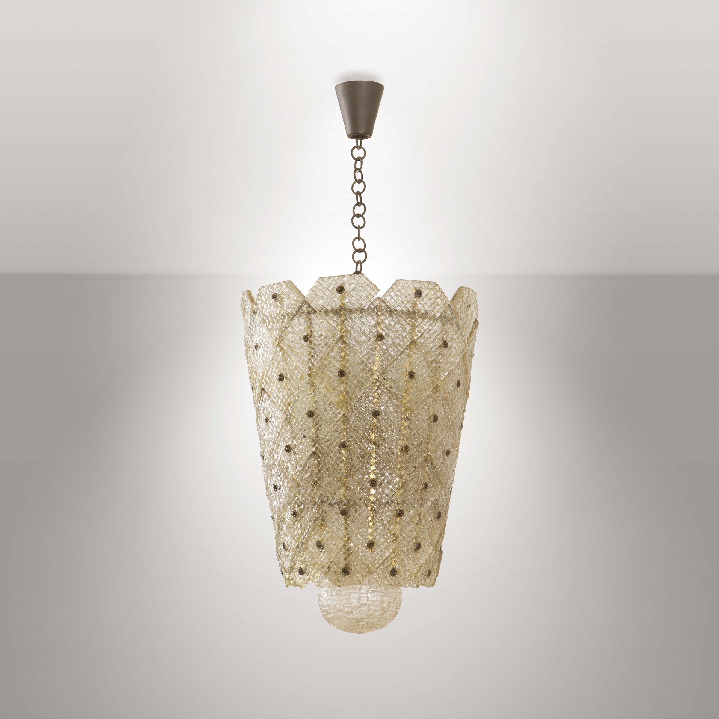 Artwork by Carlo Scarpa, Rara lampada da sospensione mod. 5284 i, Made of Murano glass worked with the Roman murrine technique