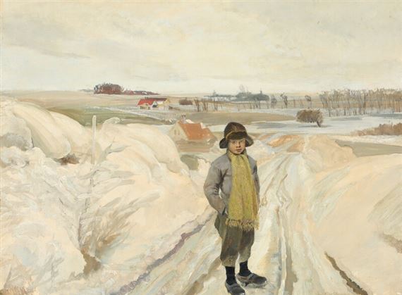 Wintry landscape with a boy on a road by Eiler Sørensen