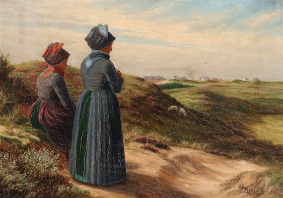 Peder Riber | Landscape from Fanø with two women wearing folk costumes ...