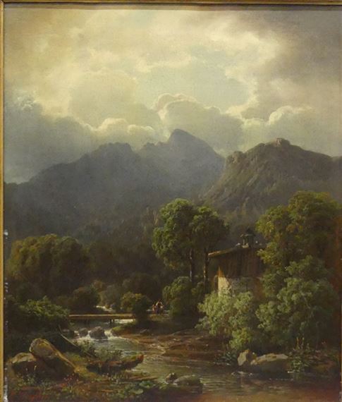 Gebirgslandschaft mit Talschneise, im Vordergrund ein Haus am Fluss, Magd und Kind auf der Brücke by Carl Hafner