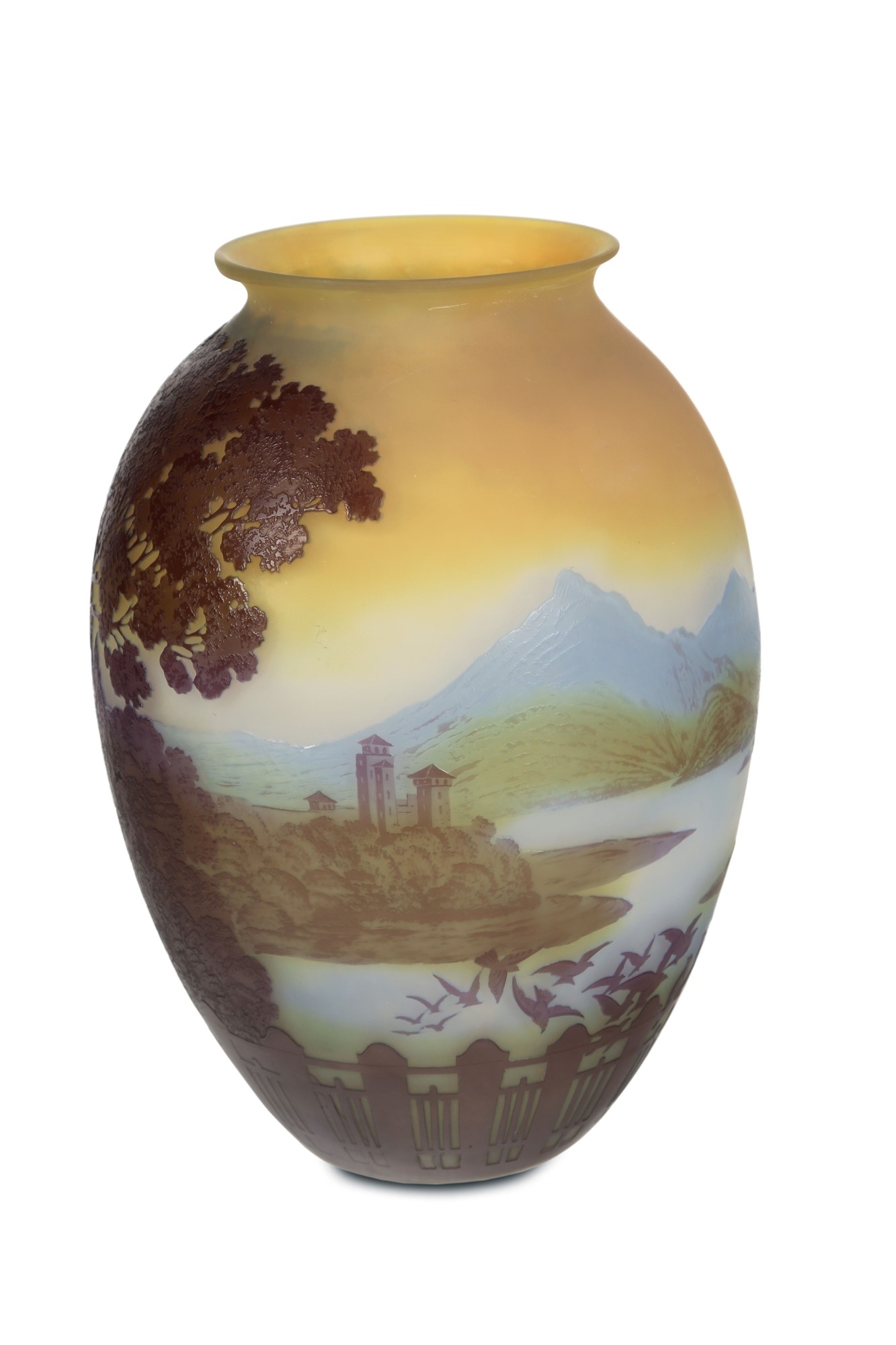 Artwork by Emile Gallé, Vaso di forma ovoidale, Made of blue and yellow glass doubled in green and brown worked with a cameo landscape decoration