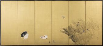Three Dogs and Eight Sparrows (6-panel byobu screen) - Seiho Takeuchi